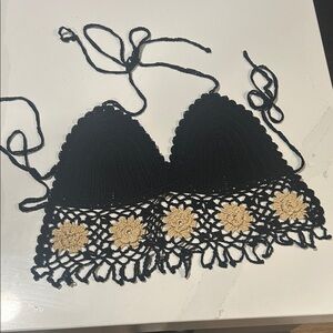 Black Crochet Bralette with Gold Flower Accents